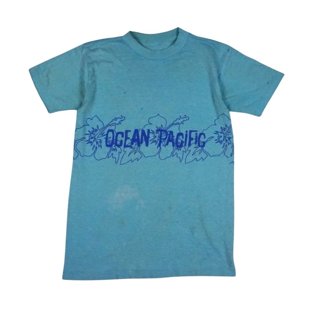 Vtg Ocean Pacific Wrap‎ Graphic T Shirt Men's S Blue 70s 80s Surf Single Stitch